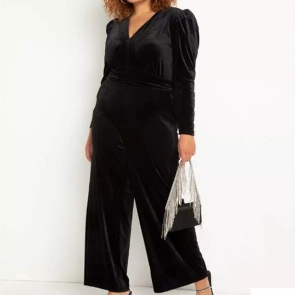 Eloquii Velvet Wide Leg Jumpsuit V-Neck Puff Sleeve Black Holiday 14 - Picture 1 of 12
